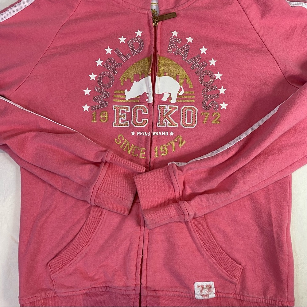Ecko RED Vintage Sz L Pink Full Zip Hoodie Y2K Embroidered Rhinestone Front